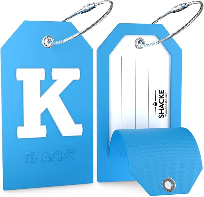 Shacke Initial Luggage Tag with Full Privacy Cover and Stainless Steel Loop - Aqua Teal (Letter K)