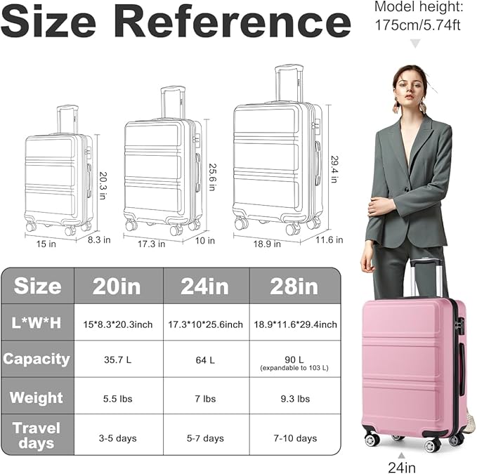 Kono 24 Inch Luggage Suitcase with Spinner Wheels TSA Lock Lightweight PC+ABS Hardside Medium Checked Luggage Durable Rolling Suitcase Pink