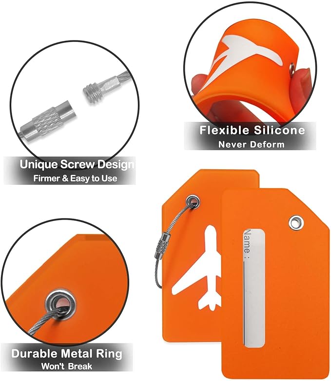 8pack Luggage Tags for Suitcases with Name ID Card， Quickly Spot Luggage Identifier Tags, Flexible Silicone Name Tags for Backpacks, Suitcases, Travel Bags, Baggage, Cruise (Orange)