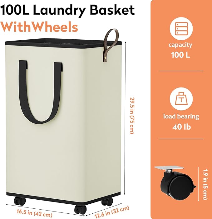 Laundry Basket with Wheels, Collapsible Laundry Baskets, Laundry Hamper with Handles Detachable Wheels, Rolling Laundry Basket, Dirty Clothes Hamper for Bathroom, Dorm, Bedroom, Cream, 100L