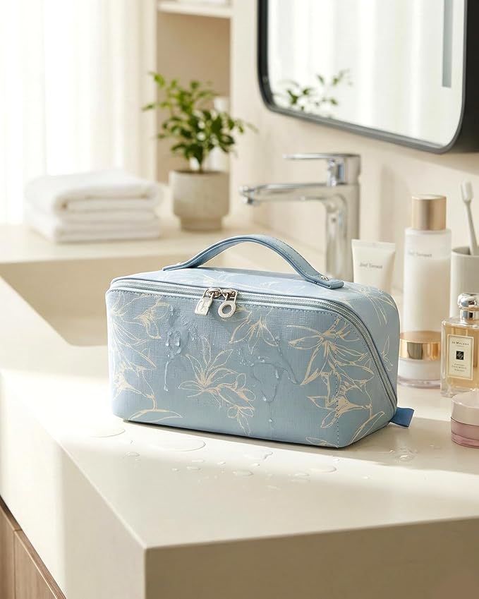 EACHY Travel Makeup Bag, Large Capacity Cosmetic Bags for Women, Waterproof Portable Pouch Open Flat Toiletry Bag Pattern Makeup Bag (F-Blue)
