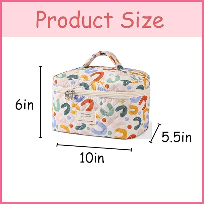 uekeboag Large Travel Quilted Makeup Bag for Women, Floral Cotton Cosmetic Bag, Coquette Aesthetic Floral Toiletry Organizer Bag