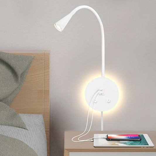 Dimmable LED Wall Reading Lamp - Adjustable Gooseneck Book Light for Bed, USB + Type C Output, 2-in-1 Night Light & Spotlight, Compact Focused Lamp (White)