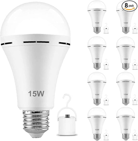8-Pack Rechargeable Emergency 15W LED Light Bulb,Battery LED Bulbs Light 150W Equivalent for Power Outage Camping Outdoor Activity Hurricane 6000K E26 Base Emergency Lighting Bulb