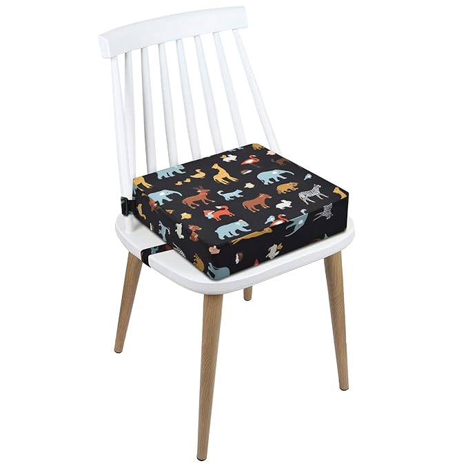 Toddler Booster Seat Dining, Cartoon Canvas Washable 2 Straps Safety Buckle Kids Booster Seat for Dining Table, Portable Travel Increasing Cushion (Elephant-Black)