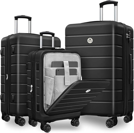 Classic 3-Piece Luggage Set with TSA Lock, PC+ABS Durable Lightweight Suitcase with Spinner Wheels, Hardshell Expandable Carry-On Luggage for Business Family Travel, 20/24/28 inch, Black