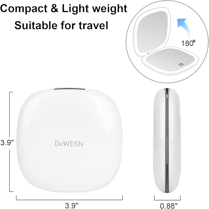 deweisn Compact Mirror, Lighted Travel Makeup Mirror with 1X/10X Magnifying Double Sided Dimmable Portable Pocket for Handbag and Pocket, USB Charging(White)