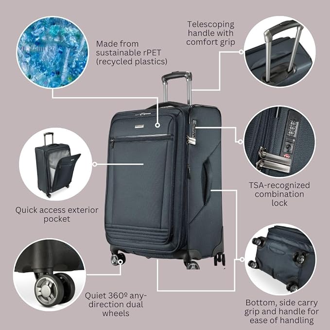 Ricardo Beverly Hills Avalon Softside Medium Check-In Luggage Made with Sustainable 100% Recycled PET (rPET), Lightweight, Eco-Friendly Travel, Expandable, Dual Spinner Wheels, Storm Blue, 28-inch
