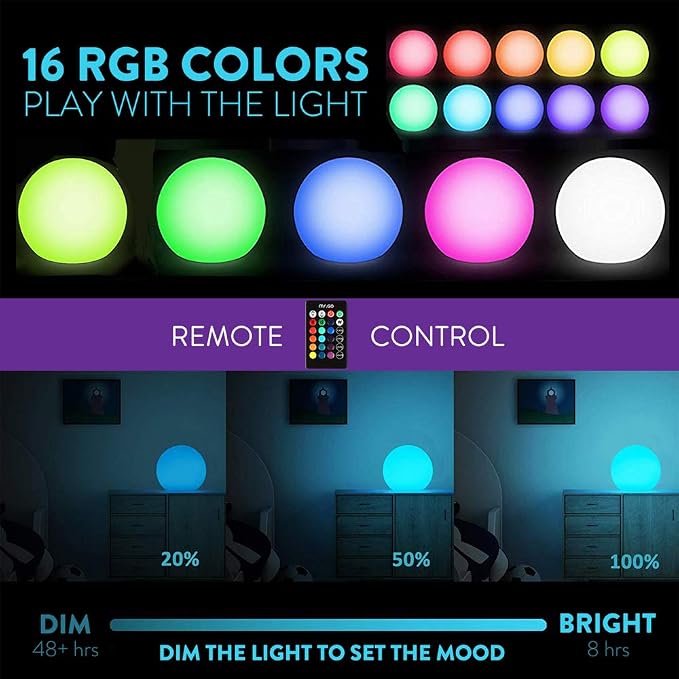 Mr.Go 16-inch Rechargeable LED Glowing Ball Light, Waterproof Orb Globe Lamp w/Remote, 16 RGB Colors 4 Light Effects, Ideal for Indoor/Outdoor Home Garden Pool Patio Party Decorative Lighting