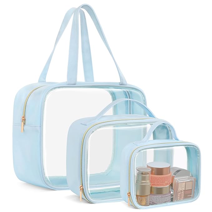 PACKISM Clear Makeup Bag Combo Pack, 1 TSA Approved Medium & Large/XL for Checked Luggage, Clear Toiletry Bag with Handle, Water-resistant Travel Essentials Organizer, Ice Blue