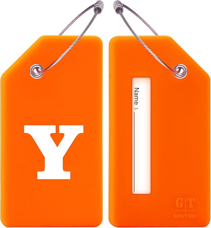 Gostwo 2 Pack Silicone Luggage Tags for Suitcases, 26 Initial Letter Baggage Labels Handbag School Bag Suitcase Instrument Tag with Stainless Steel Loop(Orange)(Letter Y)