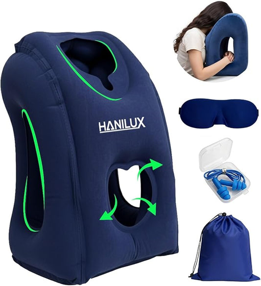 Inflatable Travel Pillows for Airplanes, Blow Up Travel Pillow for Train Office Car with Chin and Neck Support, Travel Pillow for Sleep Support with Eye Mask,Storage Bag & Earplugs (Navy Blue)
