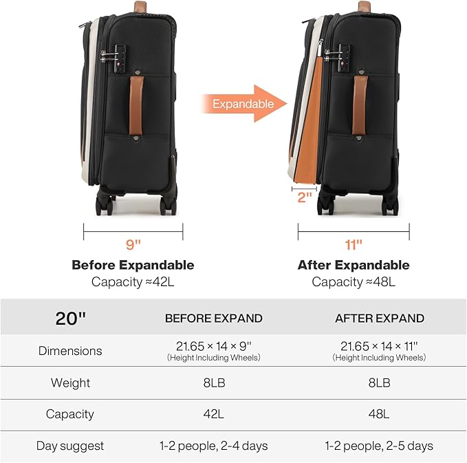 mixi Carry On Luggage 20 Inch Softside Expandable Suitcase with Front Pocket, 22x14x9 Airline Approved Rolling Lightweight Travel Suitcases with Wheels & TSA (Black-Off White)