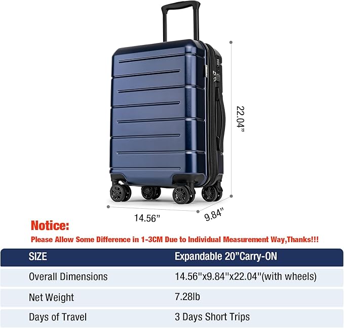 KYME Carry On Luggage 22x14x9 Airline Approved Hardshell 20 Inch Luggage With TSA Lock Carry On Suitcase with Wheels Small Travel Rolling Luggage with Cup Holder for Women Men Navy