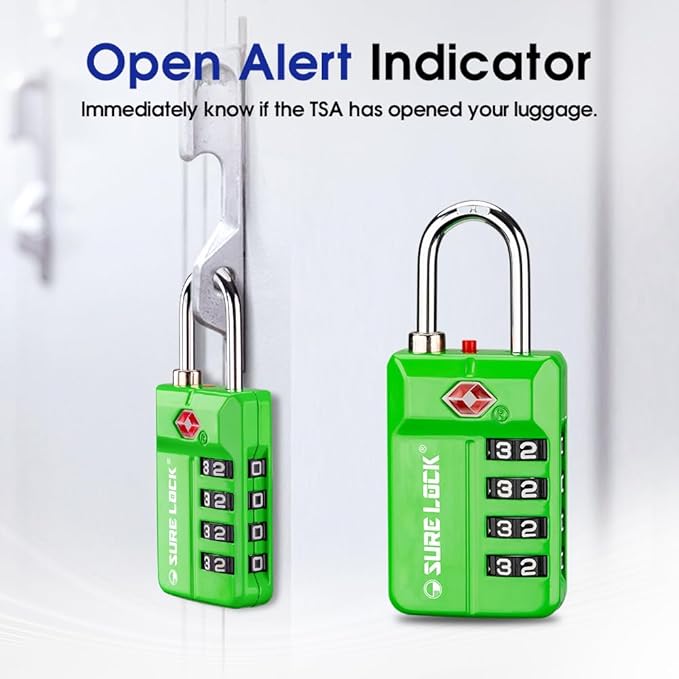 SURE LOCK TSA Approved 4-Digit Resettable Combination Luggage Locks with Open Alert, Easy-Read Dials - for Luggage, School Lockers, Gym, Office, Toolbox & Security Cases(Green 4 Pack)