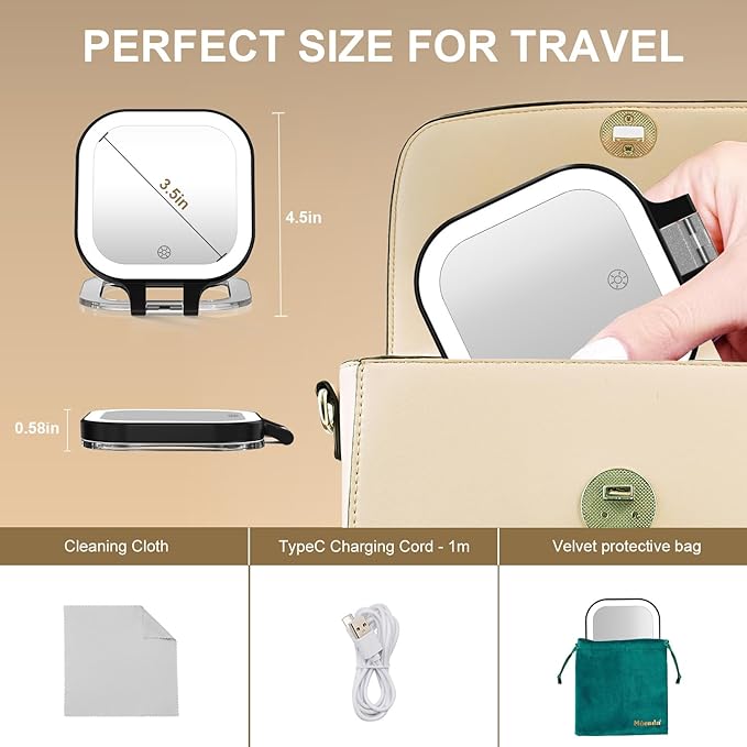Mocado Compact Travel Makeup Mirror, 1X/30X Magnifying Mirror with Light, Double Sides Compact Mirror with 3 Color Light, Dimmable Handheld Mirror, Rechargeable Travel for Purse,Pocket(Black)
