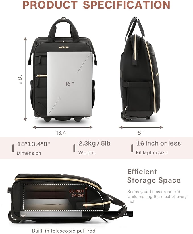 Rolling Puffer Backpack for Women, Travel Backpack with Wheels, 16 Inch Wheeled Laptop Backpck, Dual-Opening Design Overnight College Underseat Carry on Luggage, Roller Business Work Bag, Black