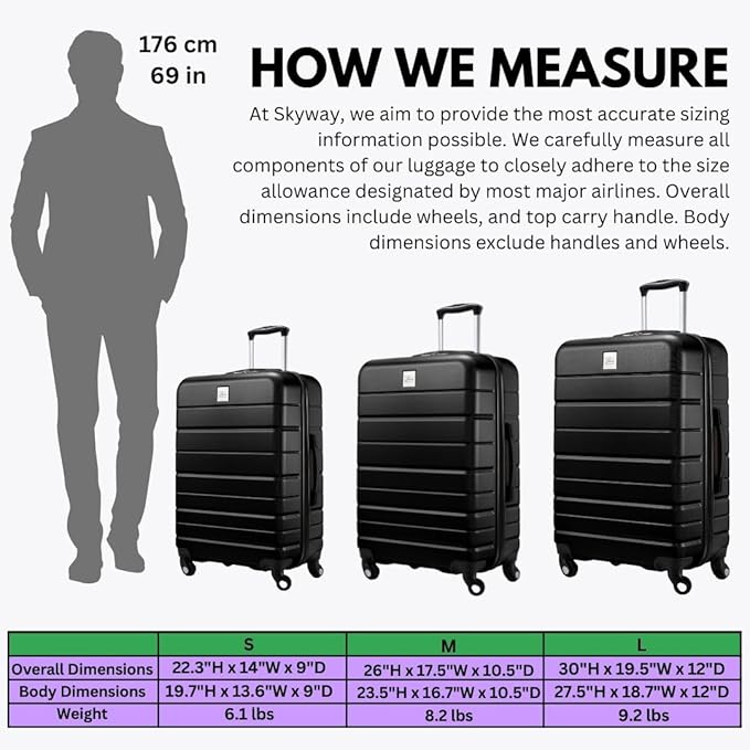 Skyway Epic 2.0 Hardside 4-Wheel Spinner, Lightweight Suitcase, Unisex, Stylish, Men and Women, 24-inch Medium Check-In, Black