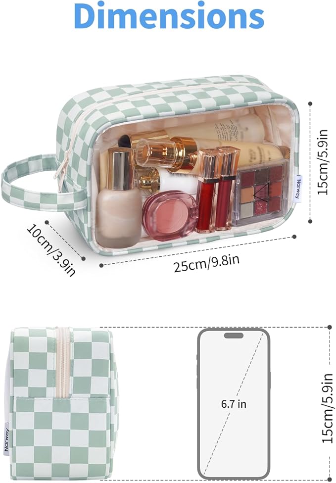 Narwey Clear Toiletry Bags for Traveling Women Men, Clear Travel Bags for Toiletries Makeup Bag Cosmetic Bag with Zipper, Make Up Organizer, Skincare Bag (Mint Green Checkerboard)