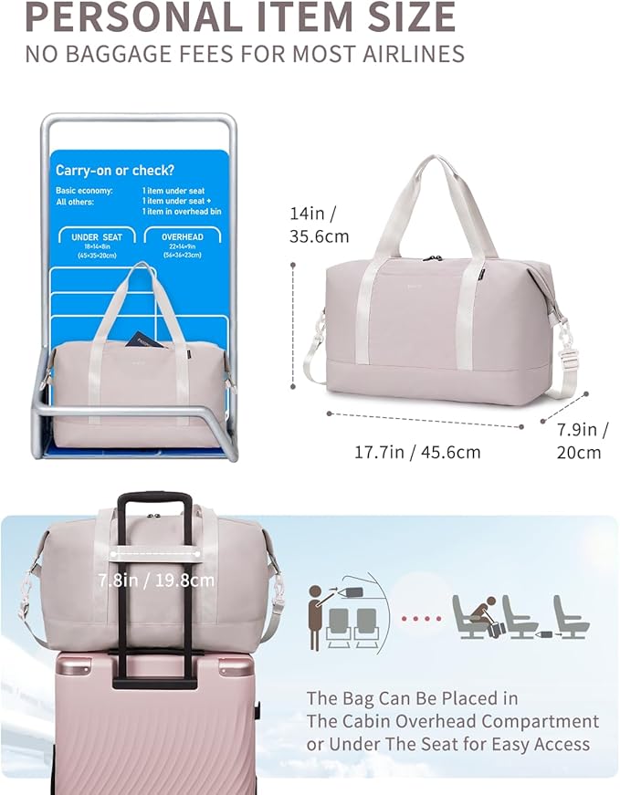 ECOHUB Travel Duffel Bag, Water Resistant Weekender Bag Carry On Bags for Women, Sport Gym Bags for Men, Hospital Bag for Labor and Delivery, Overnight Bag Luggage Bag with Trolley Sleeve, 30L Beige