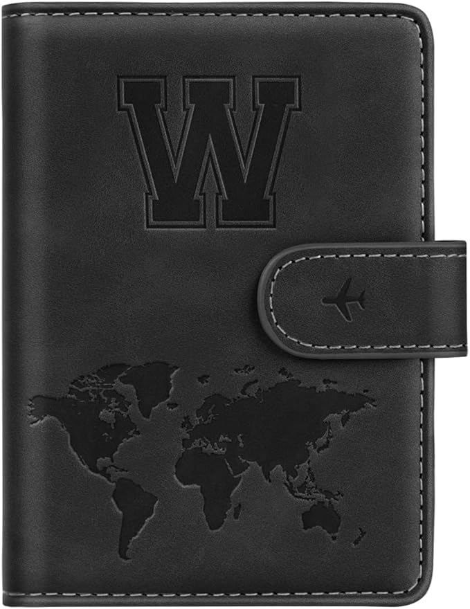 Passport Holder Wallet Cover Personalized Letter A-Z Travel Wallet RFID Blocking Passport Cover Wallet Case for Travel Passport Book Holders for Women and Men, Black-W