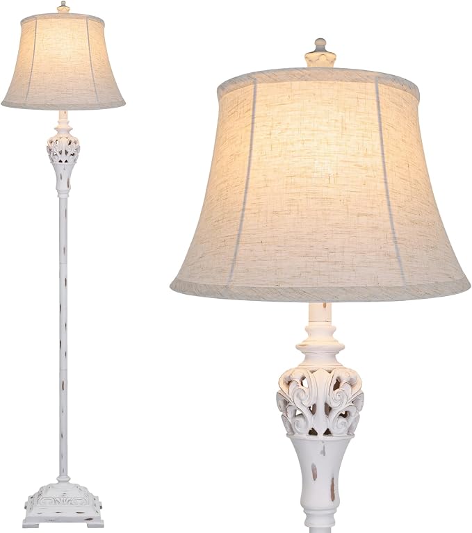 Vintage Floor Lamp for Living Room, Traditional Tall Standing Lamp | Eye-caring White Fabric Shade, Stable Antique Base, Farmhouse Rustic Design, Bright Floor Lighting