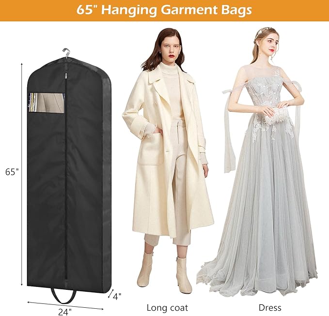 MISSLO 65" Long Garment Bags for Travel Dress Bags for Hanging Clothes Wedding Dress Cover Waterproof Clothes Protector for Closet Storage 2 Packs for Gowns, Tuxedos, Coats, Black