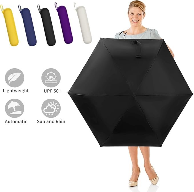 GAOYAING Mini Compact Travel Umbrella with Reflective Safety Stripes, Portable Folding Design with Case