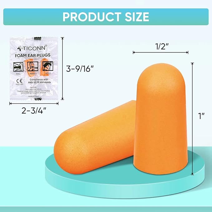 TICONN 40 Pairs Foam Ear Plugs, Individually Wrapped 32dB NRR Noise Reduction Earplugs for Sleeping Hearing Protection Travel Study Concentration Construction Site (40Pairs)