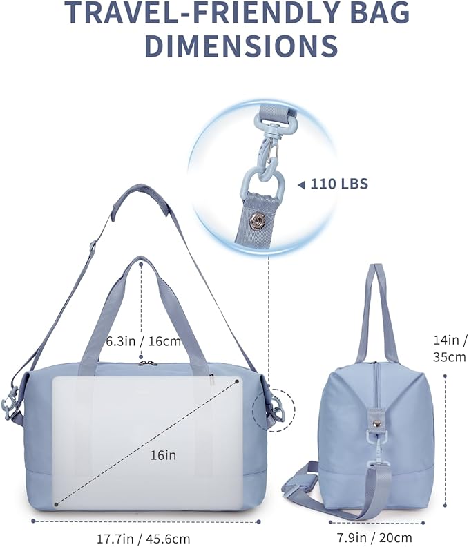ECOHUB Travel Duffel Bag Water Resistant Weekender Bag Carry On Bags for Women Sport Gym Bags for Men Hospital Bag for Labor and Delivery Overnight Bag Luggage Bag with Trolley Sleeve 30L Grayish Blue