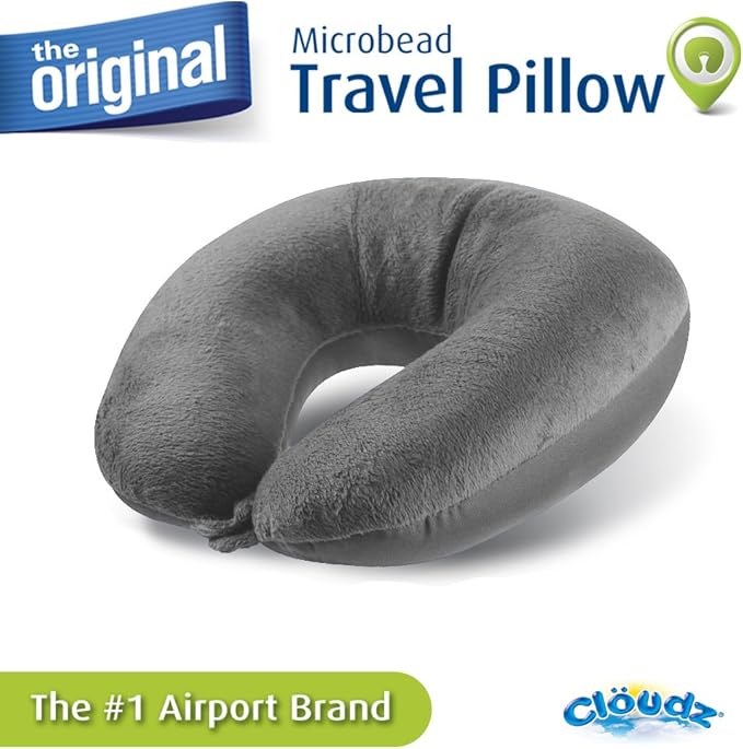 Cloudz Dual Comfort Microbead Airplane Travel Neck Pillow. Super Soft Cozy Plush Fabric on One Side, Cool Relaxing Spandex on The Other! Customize Your Comfort and Support at Home or On The Go! Grey