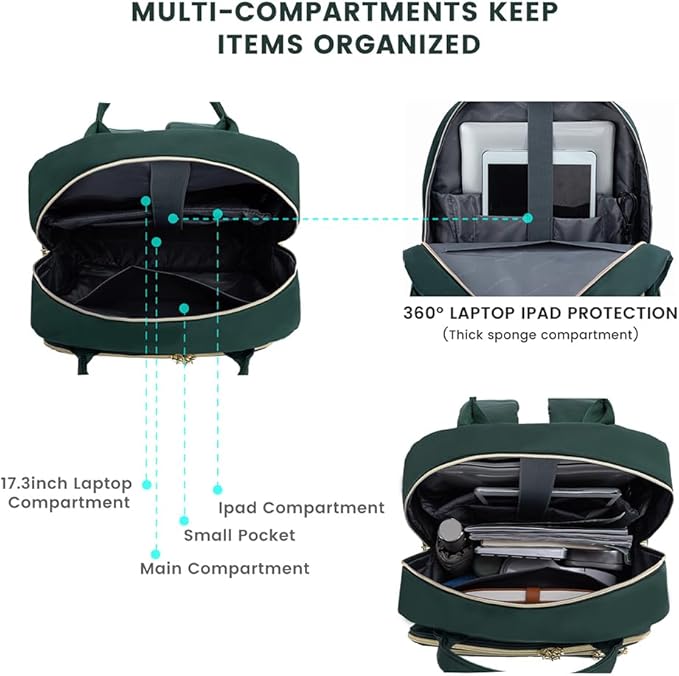LOVEVOOK Laptop Backpack for Women, Water Resistant Travel Work Backpacks Purse Stylish Business Teacher Nurse Computer Bag with USB Charging Port,Dark Green