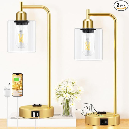 Innqoo Industrial Gold Table Lamp for Bedrooms Set of 2-3-Way Dimmable Desk Lamp with USB C+A Ports and Outlet, Gold Lamps with Clear Glass Shade for Living Room, Desk Lamps for Home Office