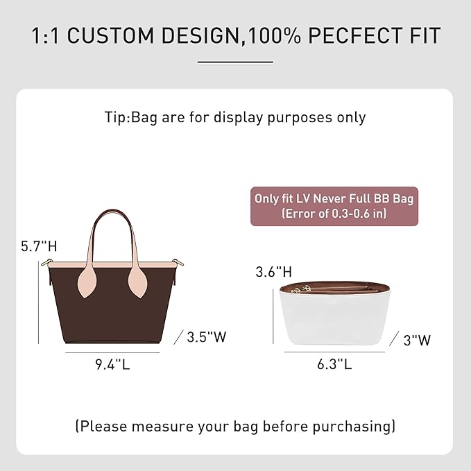 Purse Organizer Insert Compatible with LV Neverfull BB, Premium DopontPaper Bag Organizer Lightweight Water Resistant Purse Insert Divider Shaper for Tote Handbags, White-brown/XS