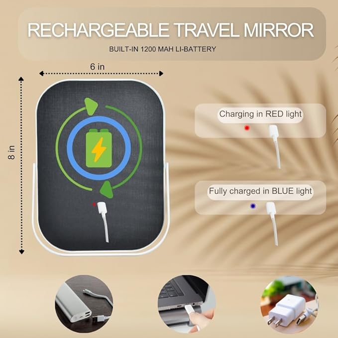 Vanity Mirror with Lights 6x8 Inch, Rechargeable Makeup Mirror for Desk, 3-Color Lighting & Touch Control Tabletop Mirror Lights, Portable Cordless Travel Mirror