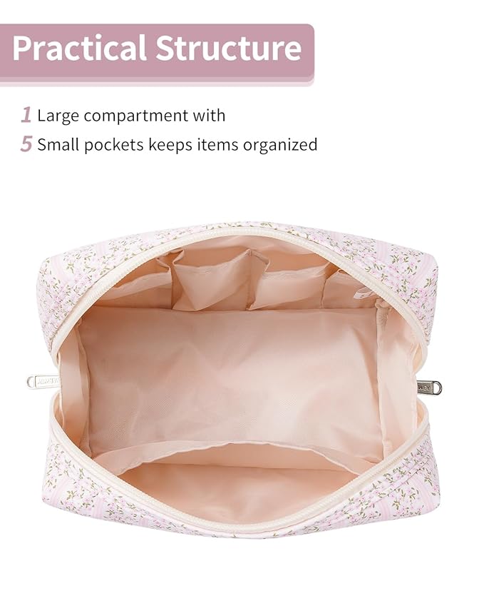 Narwey Cute Floral Makeup Bag Travel Cosmetic Bag Organizer Toiletry Bag Make Up Bags with Compartments for Women Girls (Pink Flower Buds, Large)