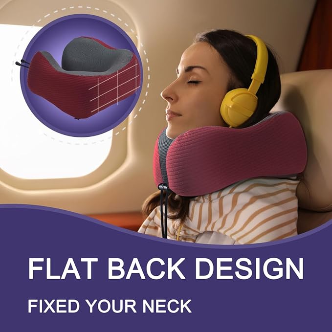 napfun Neck Pillow for Travel with Travel Pouch, Sleep Mask & Earplugs, Memory Foam Airplane Pillow for Headrest Sleep with Eyeshades, Plane Essentials with Eye Blindfold, Burgundy Striped Kit