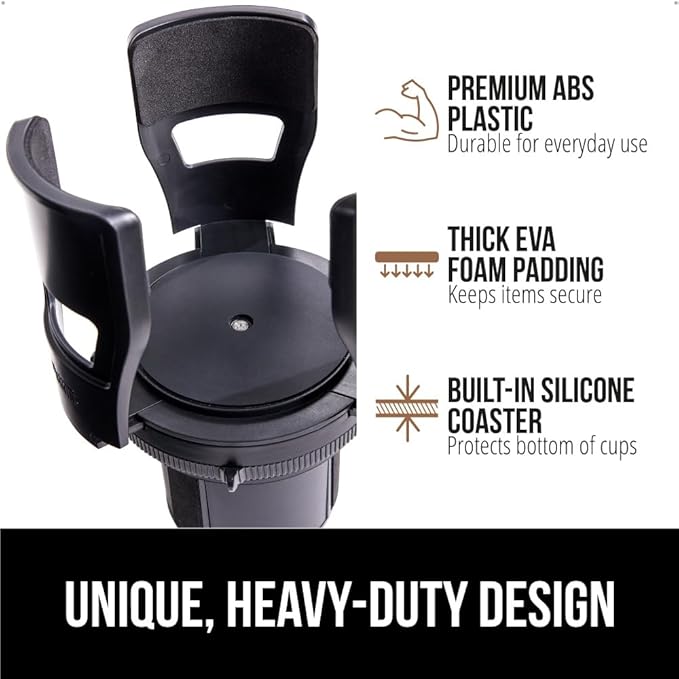GORILLA GRIP Patent Pending Adjustable Car Cup Holder Expander, Keeps Water Bottle Secure, Expands to Fit 18 to 48 oz Large Bottles, Yeti, Owala, Stanley with Handle, Coffee Mug Insert for Cars, Black