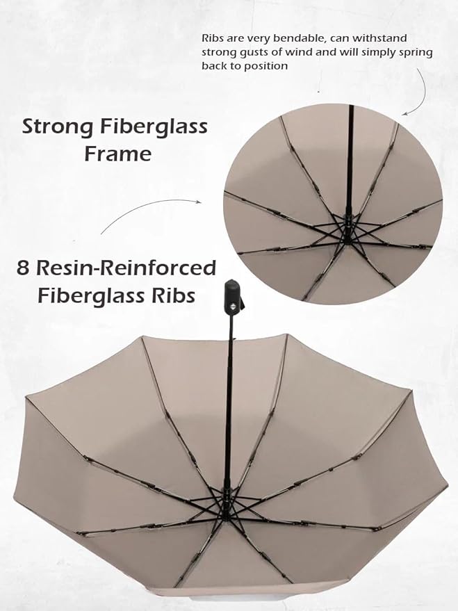 Windproof Travel Umbrella - Compact, Light, Full Automatic Open/Close - Folding Backpack Umbrella for Rain & Sun UV Preotection For Men & Women, Unbreakable 8 Fiberglass Ribs UK Design