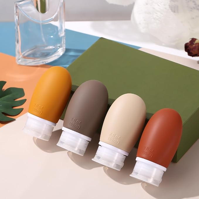 Leak Proof Silicone Travel Bottles,4 Pack 2oz Liquid Squeezable Refillable Portable Accessories/Cosmetic Containers,BPA Free,Travel Size Bottles for Toiletries Shampoo Conditioner Lotion(Brown)