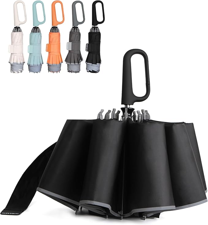 QWB TUMAAOTU Inverted Umbrella with Carabiner Handle, Compact Wind Proof Umbrellas For Rain and Sun Protection, Portable Reverse Folding Umbrella, Car Umbrella for Women Men, 10 Ribs