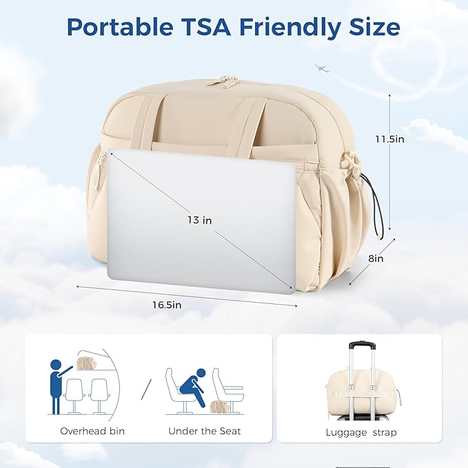 Gym Bag for Women, Puffer Travel Duffle Bag With Shoes Compartment & Wet Pocket, Carry On Tote Bag For Weekender, Overnight, Sport duffel bags for traveling (Beige, Medium)