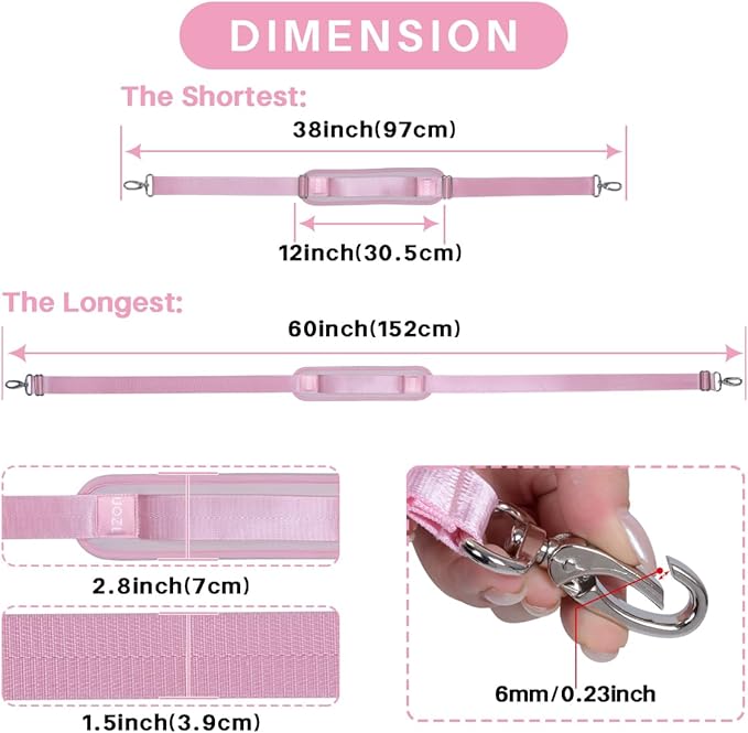 59 Inch Shoulder Straps, Soft with Ultra-Thick Fixed Shoulder Pad, Two Way Independently Adjustable Buckle Replacement Straps for Laptop Bag Messenger Bag Tool Bag Luggage,Pink