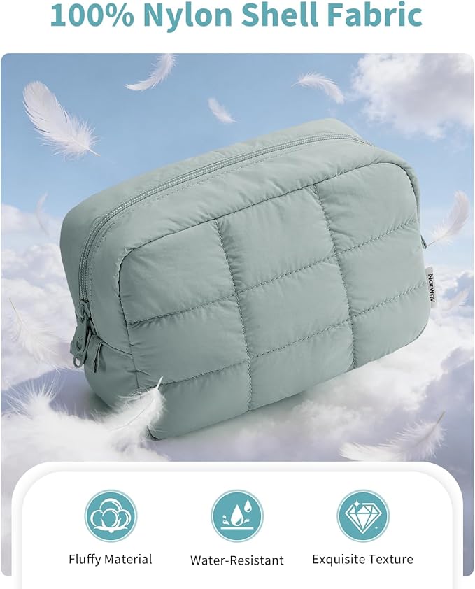 Narwey Puffer Travel Makeup Bag for Women Girl, Quilted Puffy Cosmetic Bag Make Up Bag Organizer, Cute Travel Toiletry Bag for Toiletries (Sage Green)
