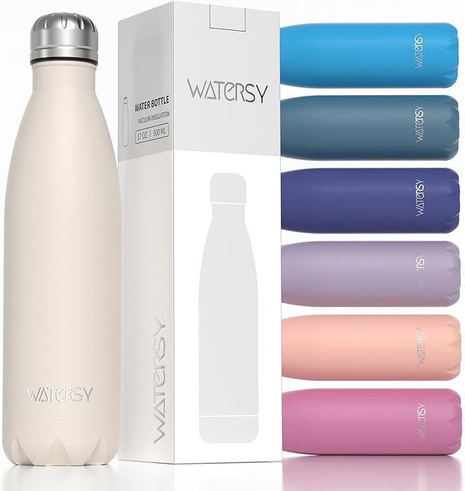 WATERSY Stainless Steel water bottles,17oz/500ml Insulated Water Bottles,Ivory Beige metal water bottle Keeps Drink Cold and Hot,BPA Free kids water bottles for School,Gym,Travel,Sports