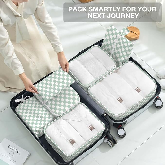 8 Set Packing Cubes for Suitcases,Suitcase Organizer with Shoe,Cosmetics,Clothing, and Accessories Bags for Travel Luggage Organizer Women Men(Green Checkered)