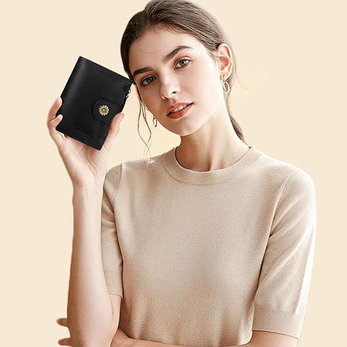 Wallet Women,RFID Blocking Leather Womens Wallet Bifold Compact Card Holder Small Wallet for Women with Removable ID Window Black