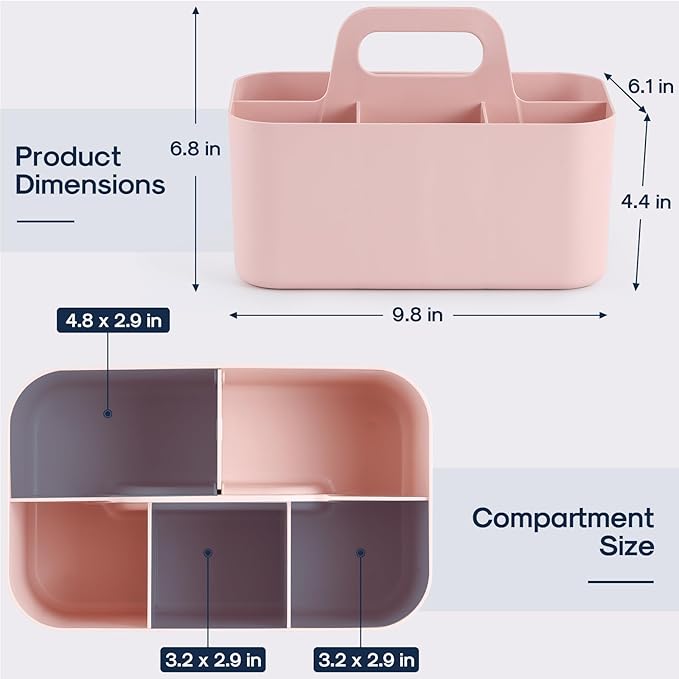 Multiuse Caddy Organizer with Handle, Portable Divided Plastic Tote Bin - Art Craft, Stationary Pen Marker Crayons, Makeup Hair Supplies Storage - Bathroom, Classroom, Dorm, Office, Desk Holder - Pink