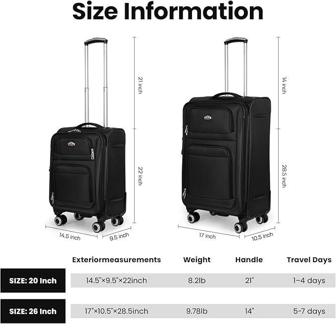 Softside Luggage Sets 2 Piece,Expandable15% Lightweight Durable Suitcase Sets Double Spinner Wheels w/Combination LOCK （Black,20in/26in）