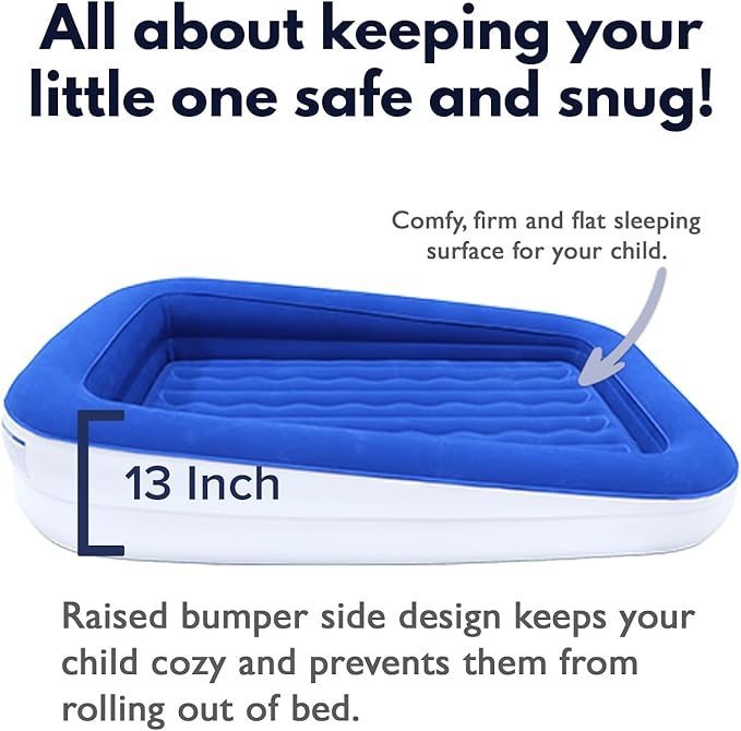 King Koil Luxury Toddler Inflatable Child Airbed, Travel Bed with Built-in Safety Bumper, Portable Air Mattress for Kids, Includes High-Speed Pump - Blue